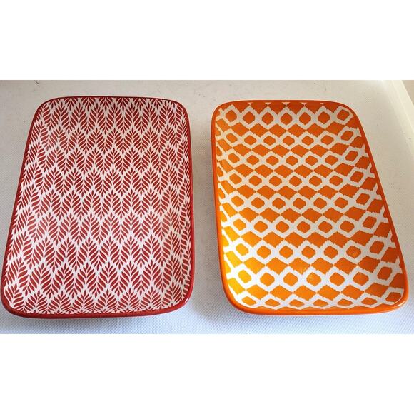 Plates-Small Bites/Appetizer/Buffet-Salamica-Abstract Design-Red-Orange-Set of 2 - Picture 1 of 9